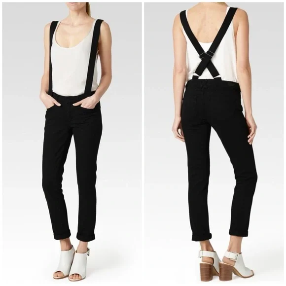 Paige Phillipa Suspender Jeans Anthropologie Black Boyfriend 24 Overalls Denim - Picture 2 of 9
